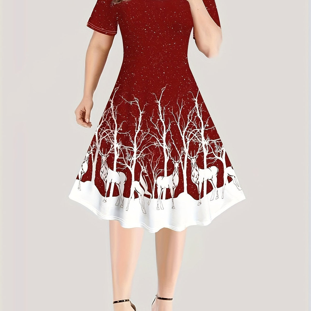  Reindeer Print Short Sleeve Christmas Dress