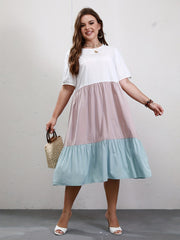  Colorblock Short Sleeve Round Neck Midi Smock Dress