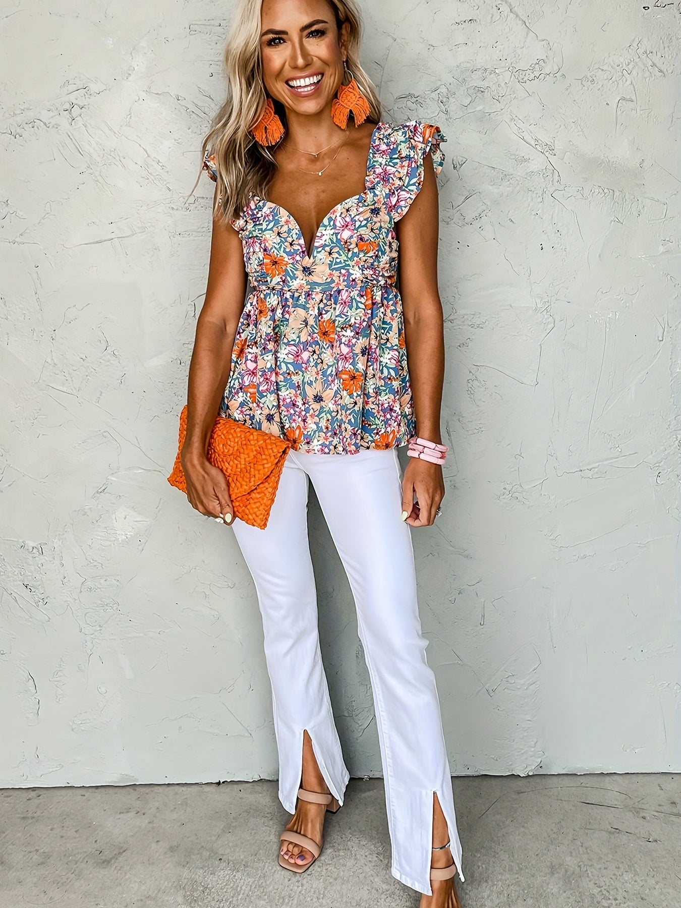 Floral Print Peplum Blouse Sweetheart Neck Casual Top