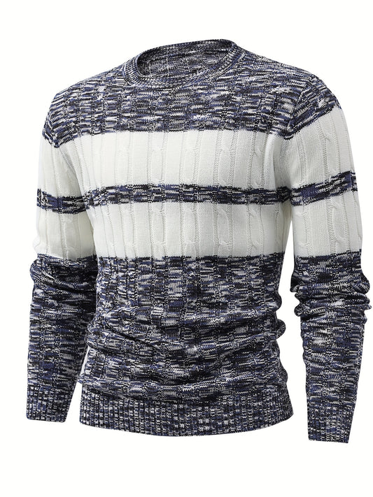 Men's Knitted Block Sweater Round Neck Warm Pullover for Fall Winter
