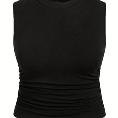  Solid Ruched Tank Top Round Neck Stretch Slim Fit