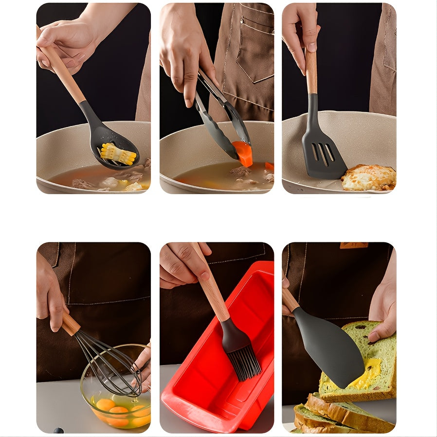 12pcs Silicone Cooking Utensil Set with Wood Handles Nonstick Kitchen Gadgets
