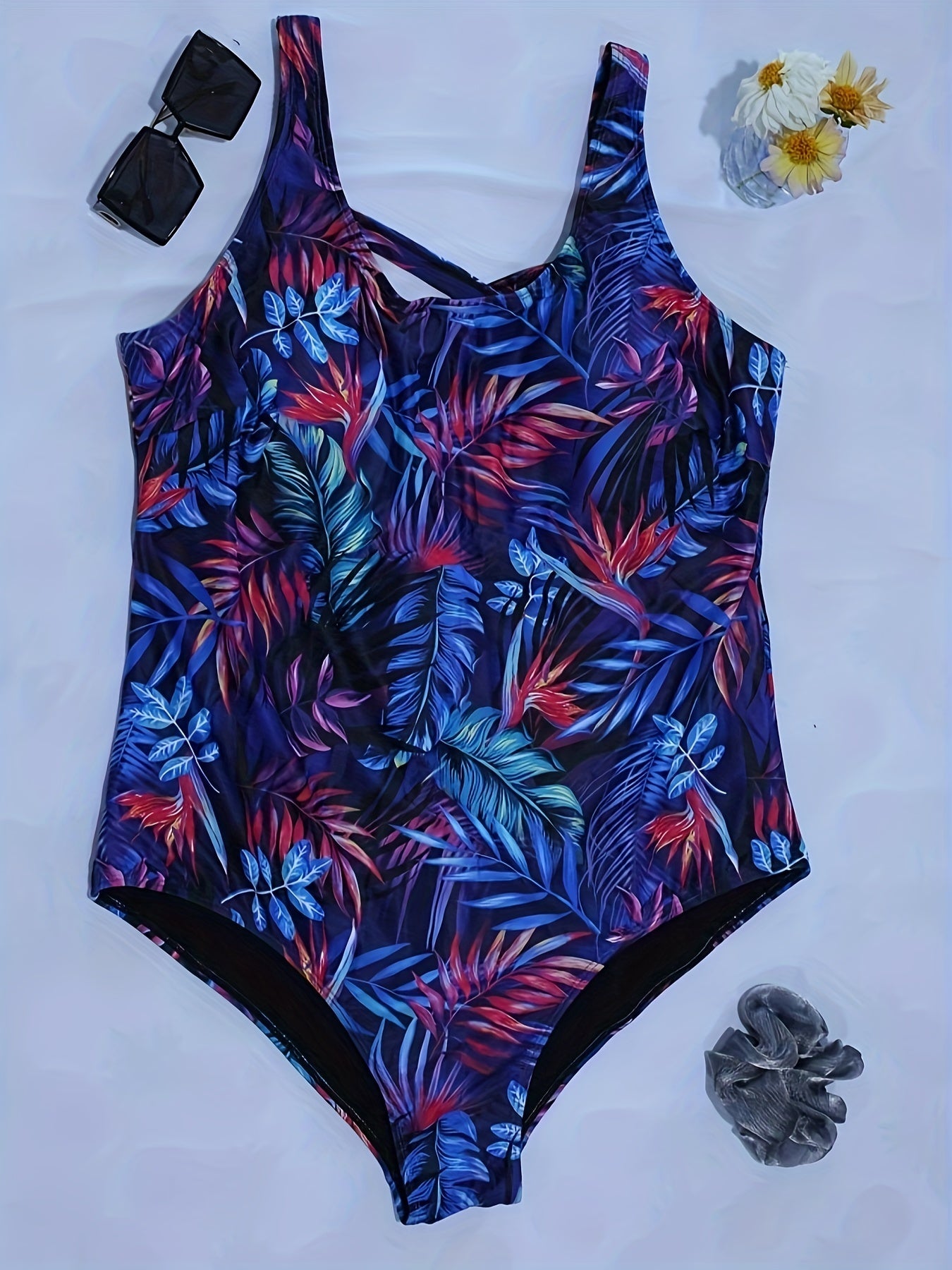  Boho Swimsuit Tropical Print Round Neck Tummy Control One Piece