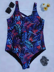  Boho Swimsuit Tropical Print Round Neck Tummy Control One Piece