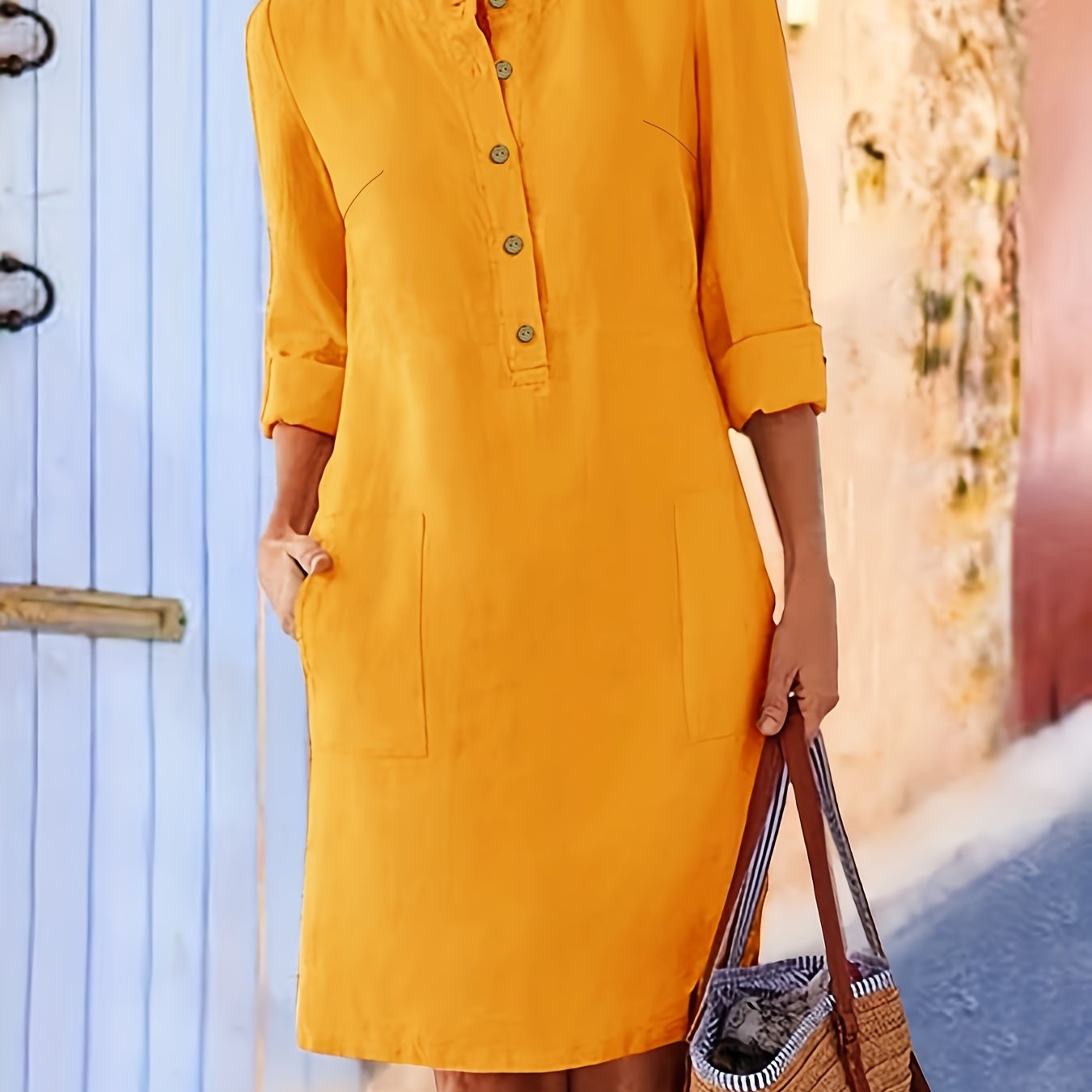  Solid Button Up Long Sleeve Dress With Pockets