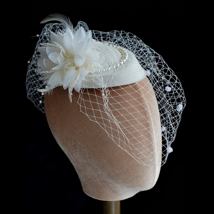 Women's Mesh Beret Top Hat Headband with Feather Accents