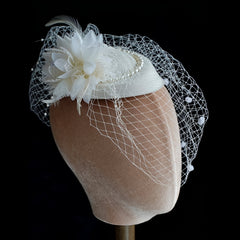 Women's Mesh Beret Top Hat Headband with Feather Accents