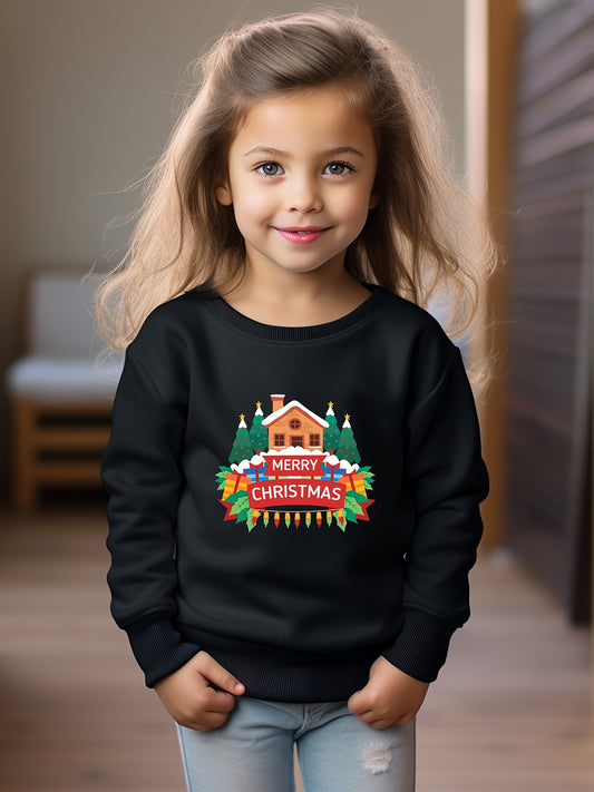 Christmas House & Tree Print Girls Sweatshirt Long Sleeve Crew Neck Top