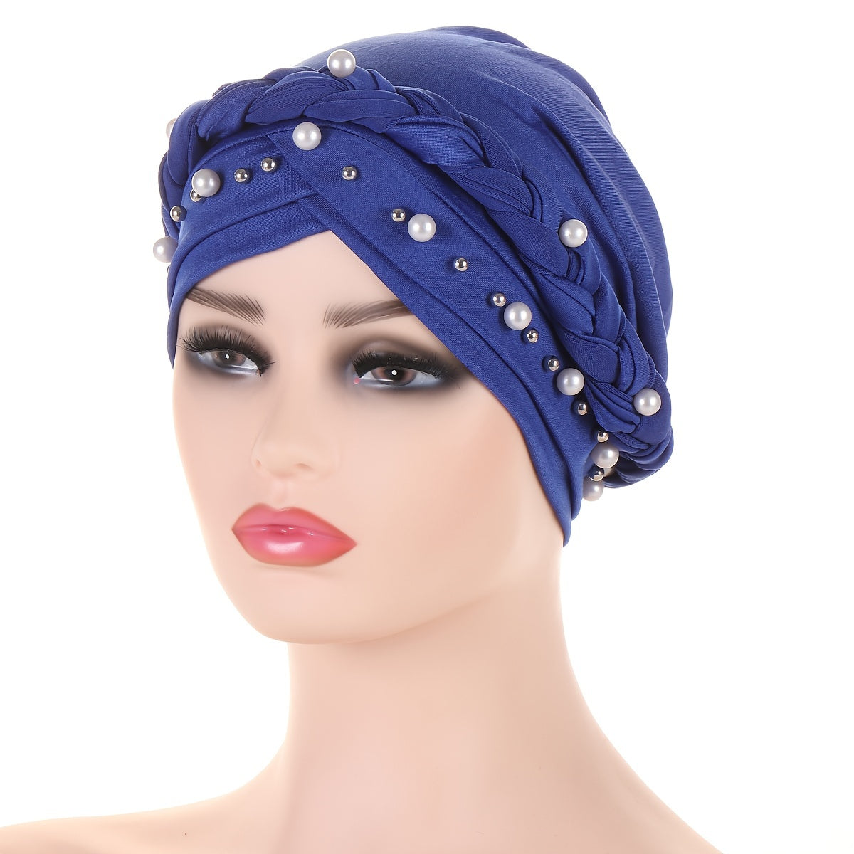 Faux Pearl Beads Turban Hijab Cap Twist Braid Head Scarf Solid Ramadan Head Wrap