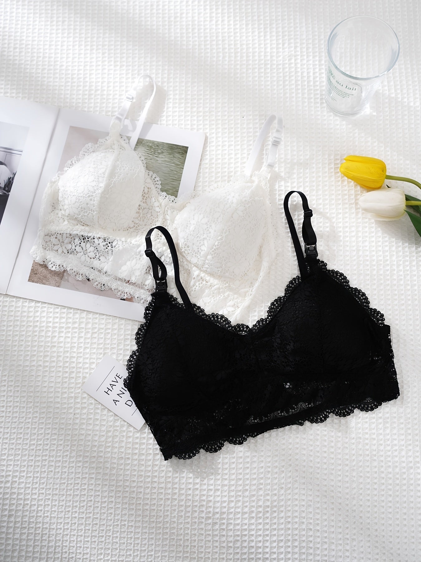 2pcs Lace Wireless Bras Scalloped Trim Intimates Bra Women's Lingerie