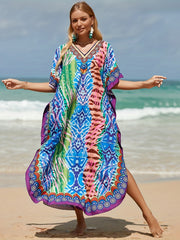  Boho Cover Up Dress Women's Plus Random Print Bat Sleeve V Neck
