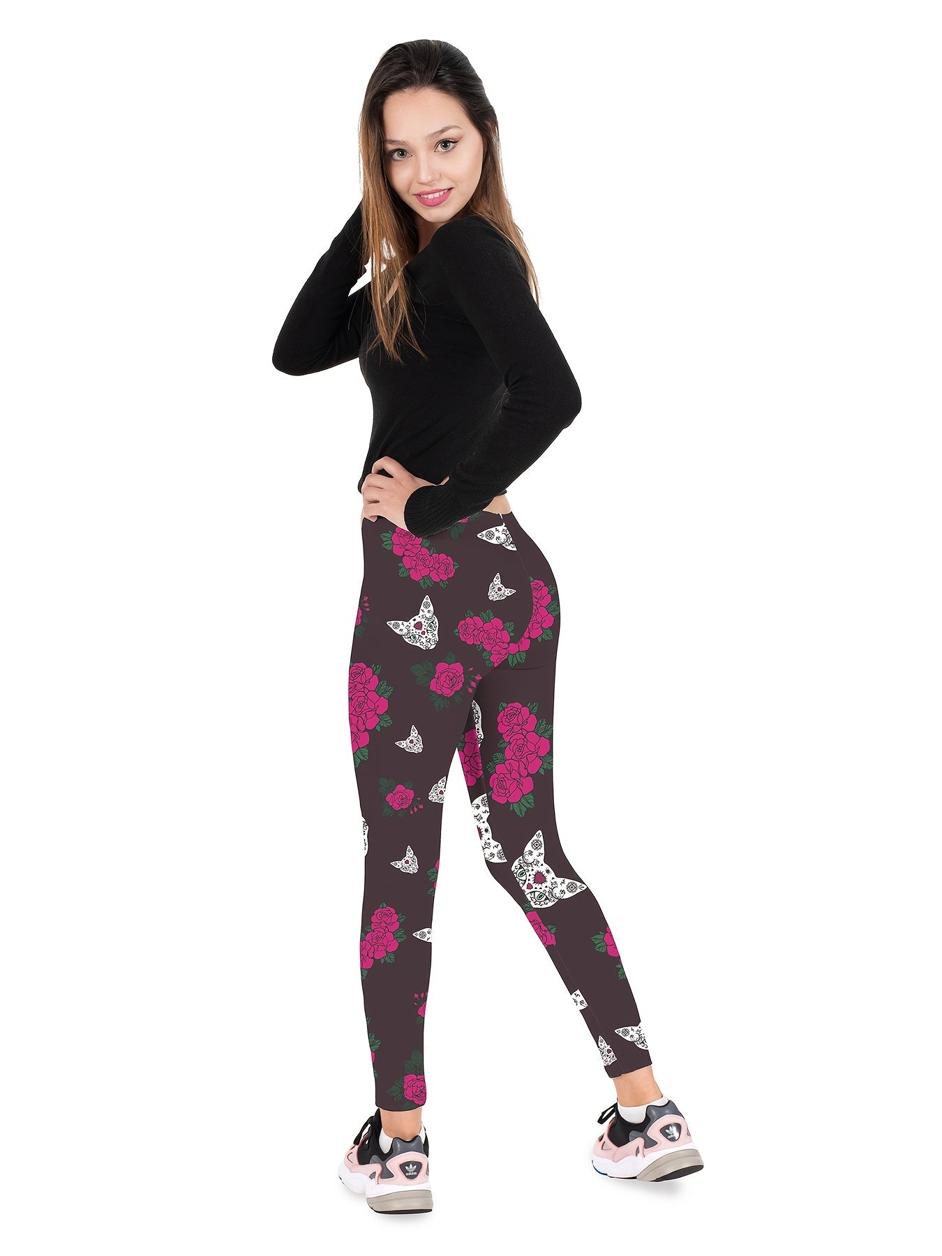Floral & Cat Print High Waist Leggings