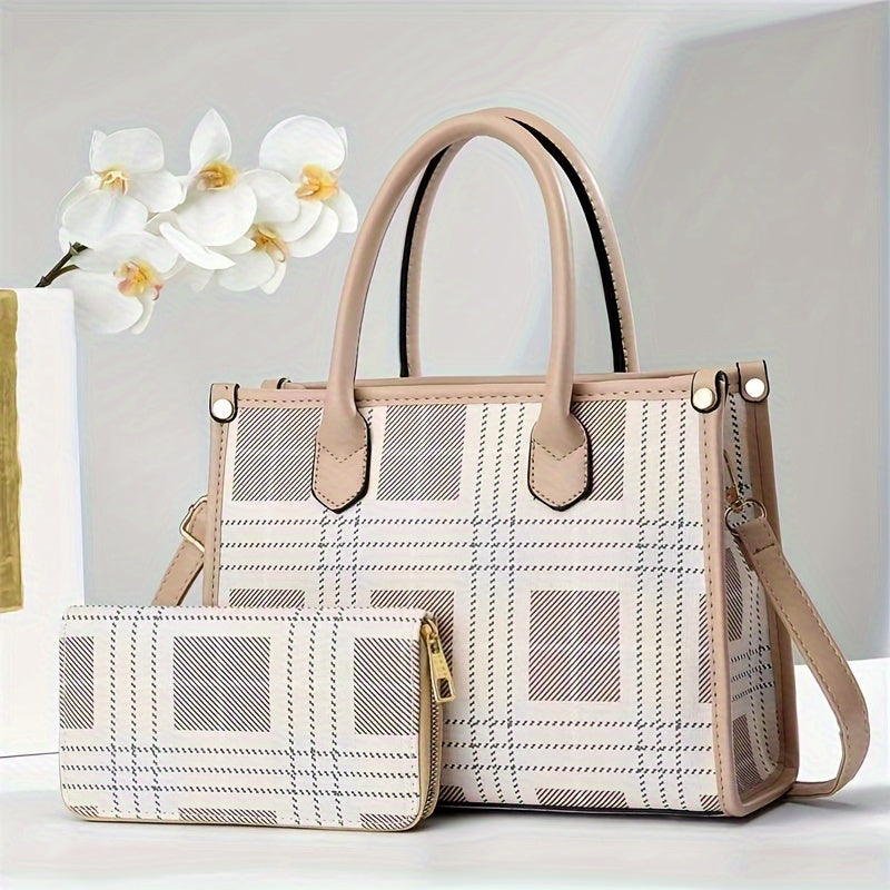 2pcs Plaid Briefcase Set Large Capacity Handbag With Clutch Bag