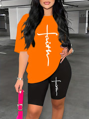 Faith Print Two Piece Set T Shirt & Shorts 2pcs Outfits For Summer Spring