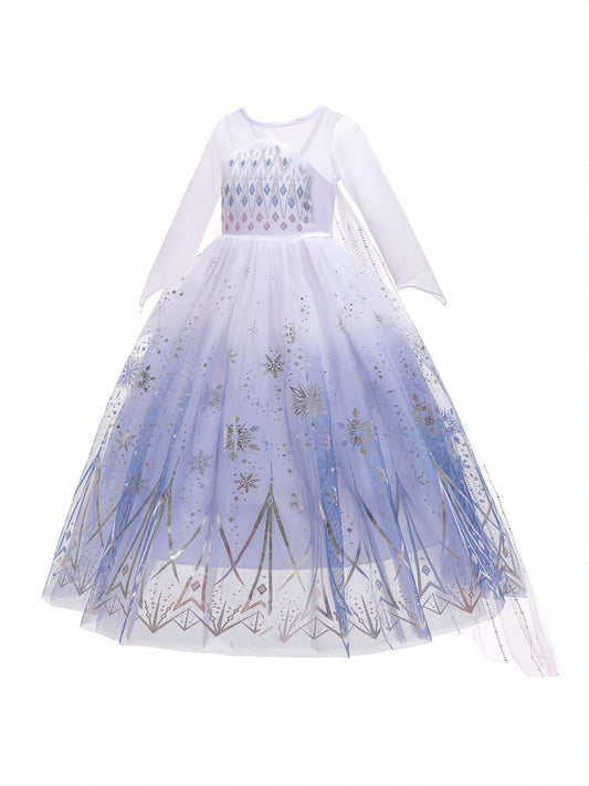 Girls Mesh Princess Dress Snowflake Print Cosplay Performance Party Costume