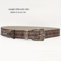 Vintage Embossed PU Belt Boho Carved Buckle Cowboy Cowgirl Waistband
