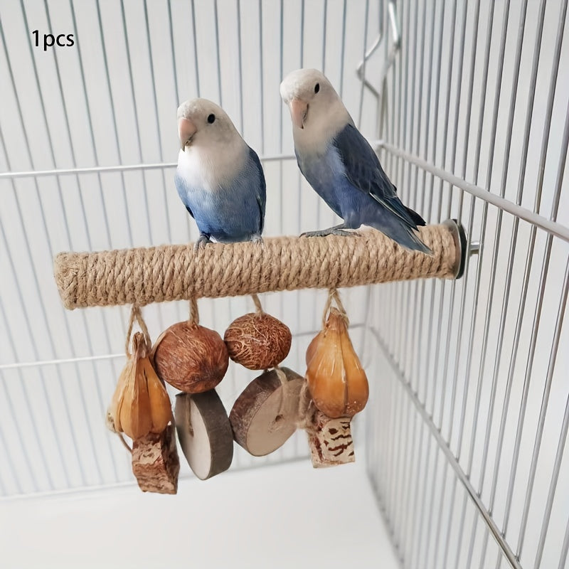 Interactive Wooden Parrot Perch with Fruit String & Activity Station