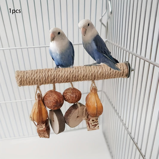 Interactive Wooden Parrot Perch with Fruit String & Activity Station