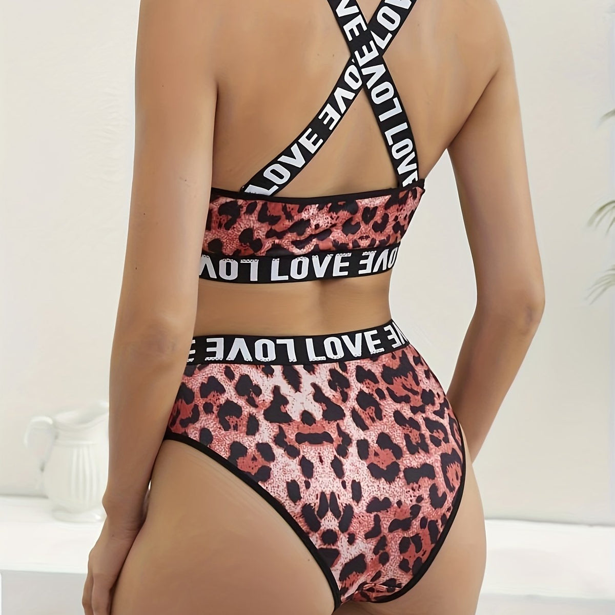 Leopard Bra Panties Criss Cross Back Bra Letter Print Panties