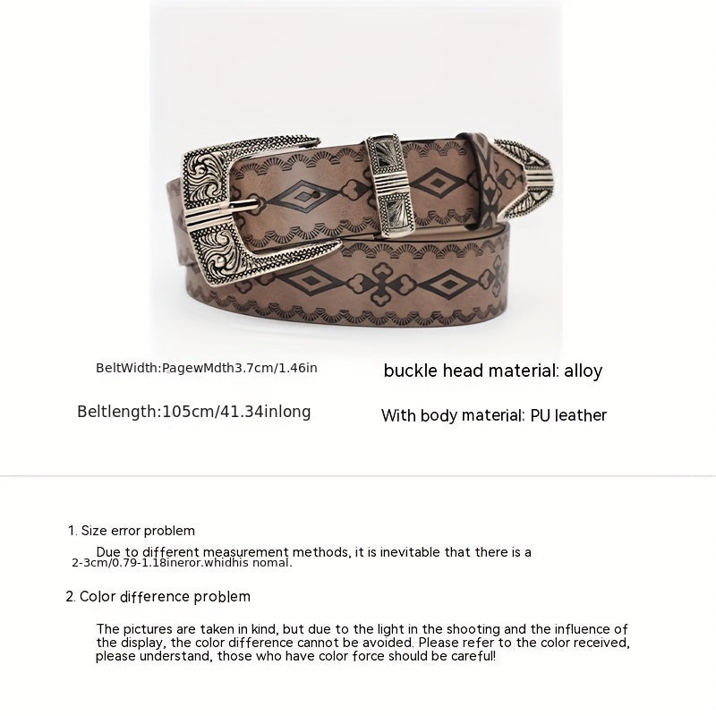 Vintage Embossed PU Belt Boho Carved Buckle Cowboy Cowgirl Waistband