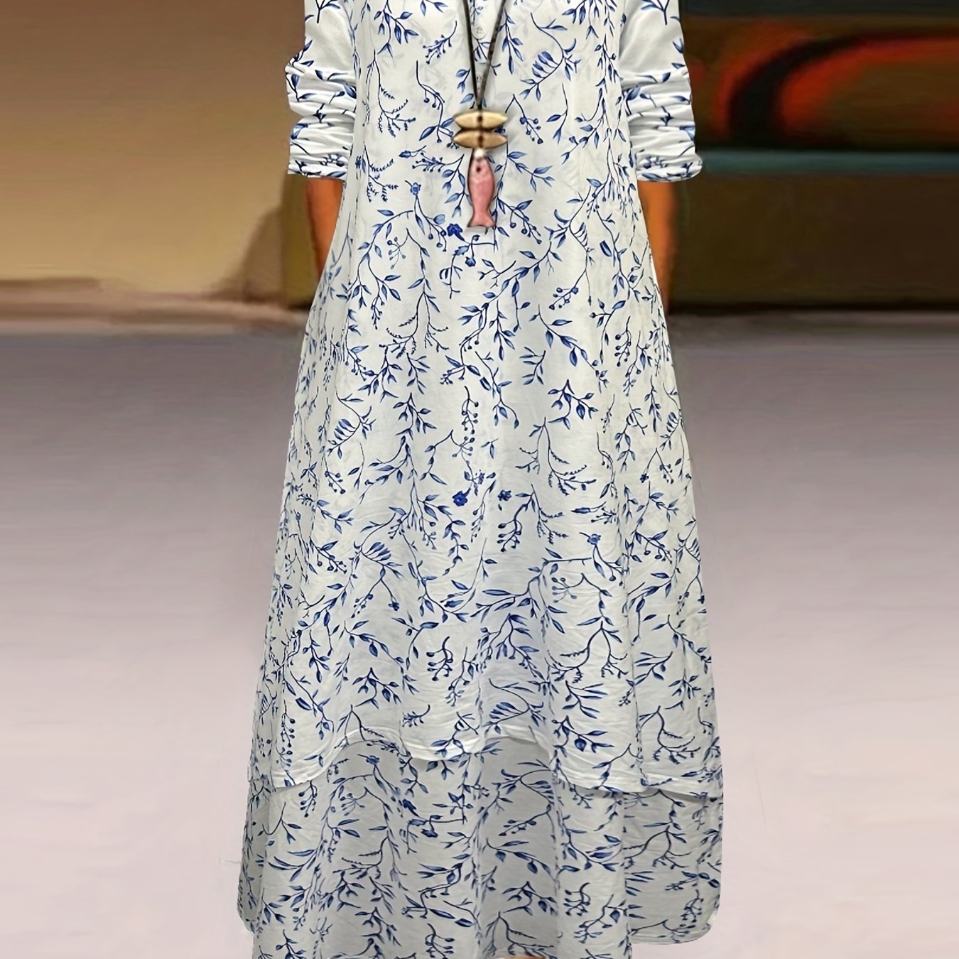 Floral Print Maxi Dress Plus Size Long Sleeve