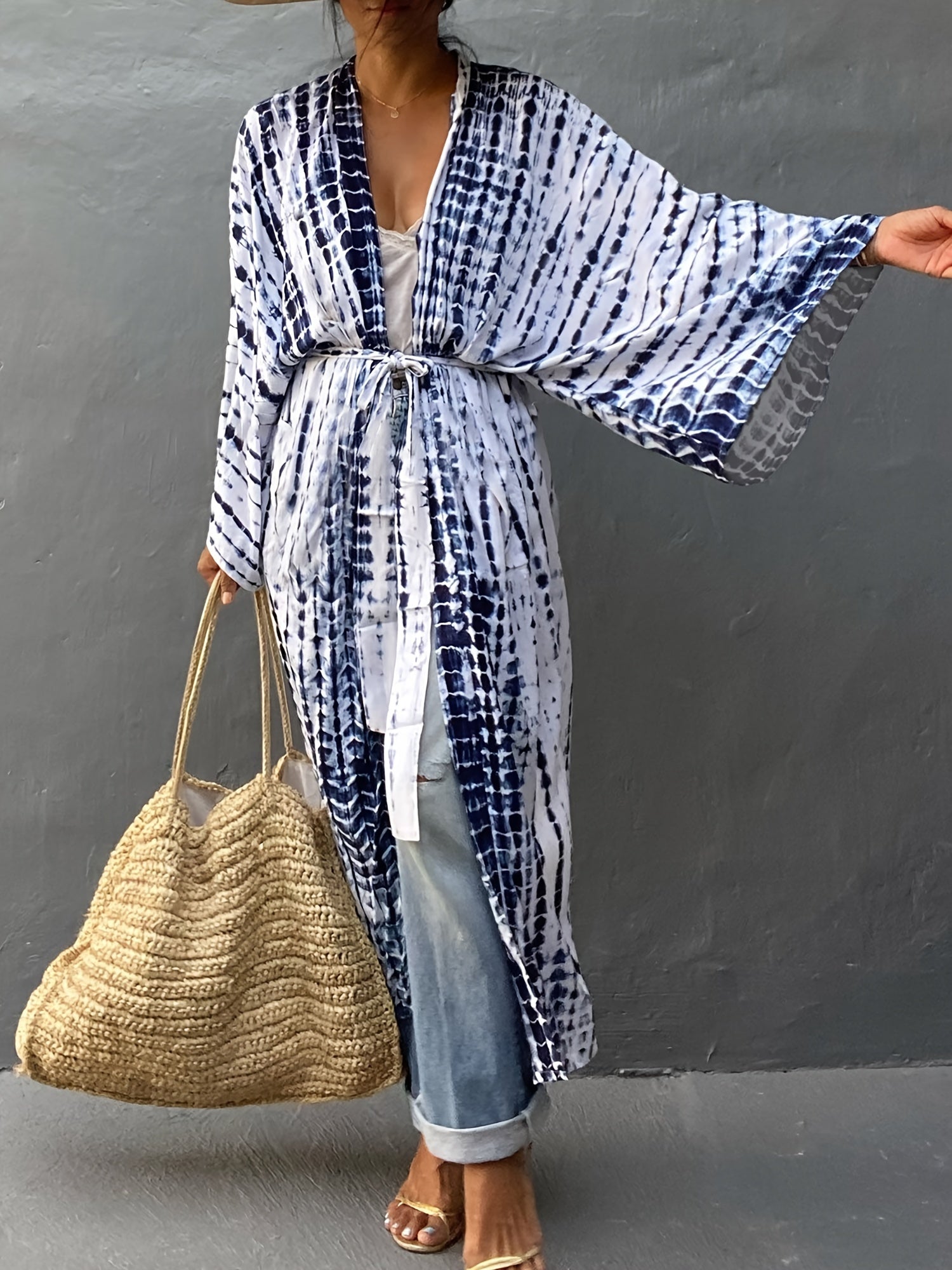  Tie Dye Striped Kimono Beach Cover Up