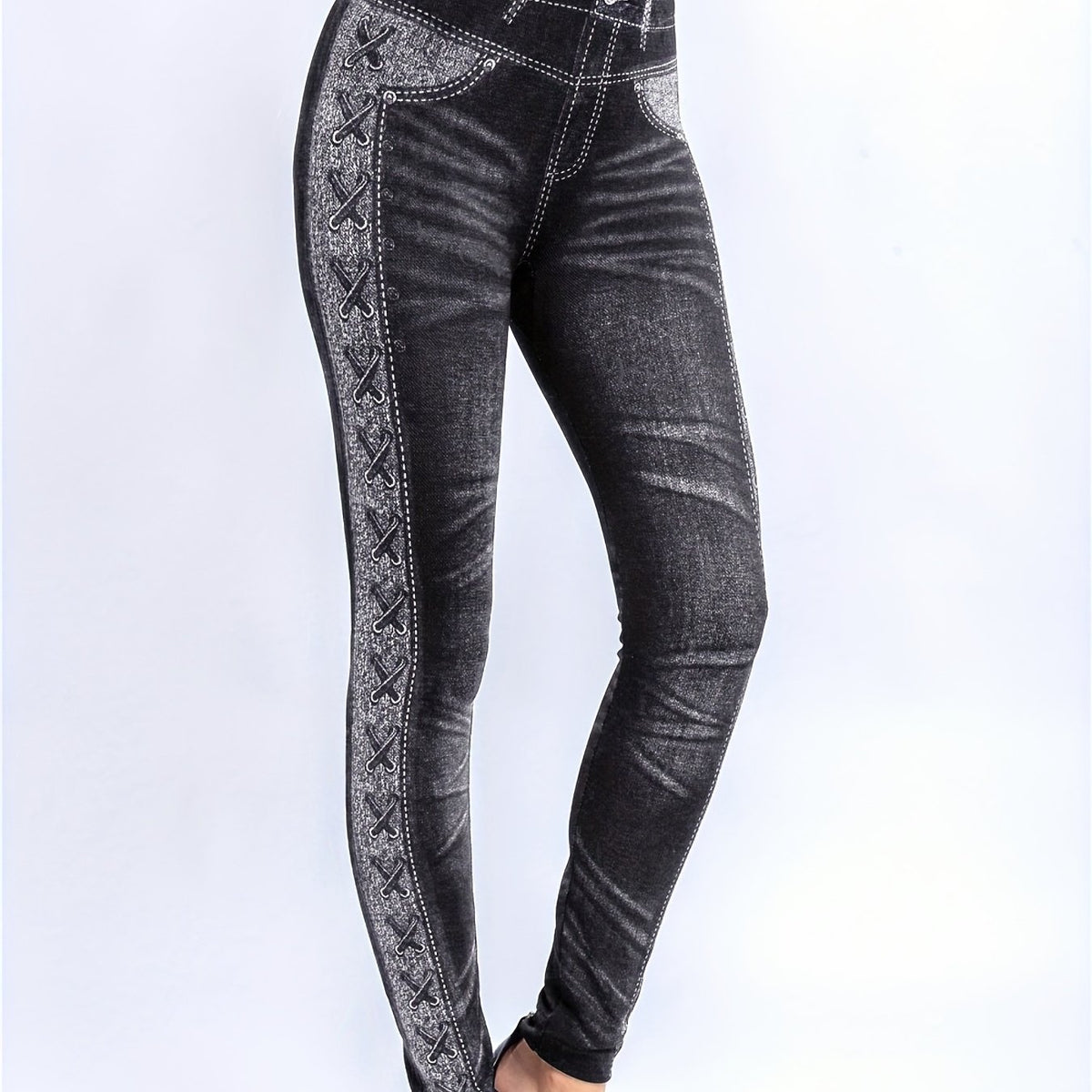 Denim Print Skinny Leggings Casual High Waist Stretchy Leggings