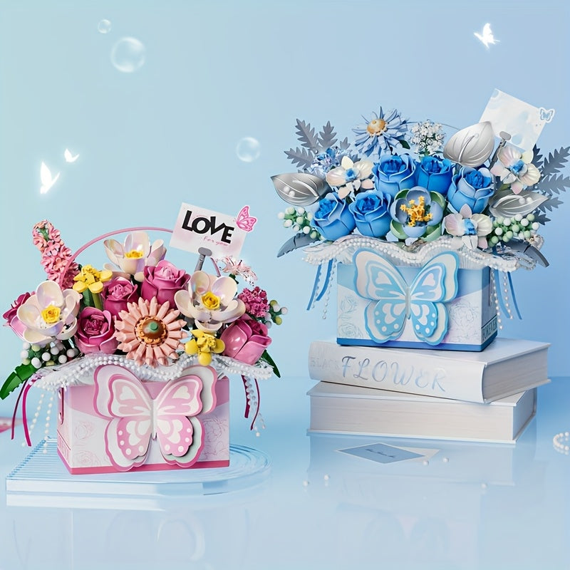 Romantic Flower Basket Bouquet Building Blocks Pink & Purple Floral