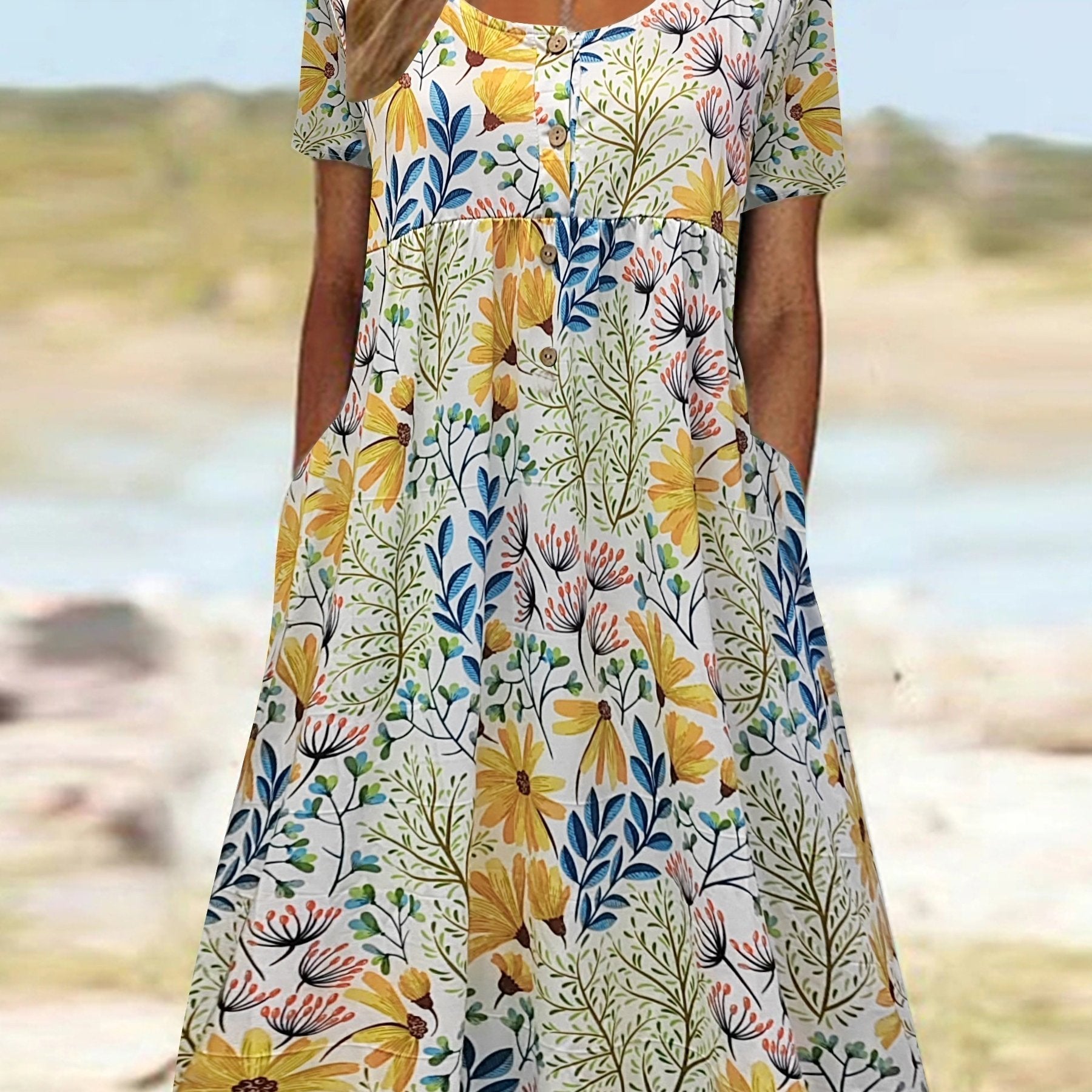 Floral Print Dress w/ Pockets - Elegant Design for Any Occasion