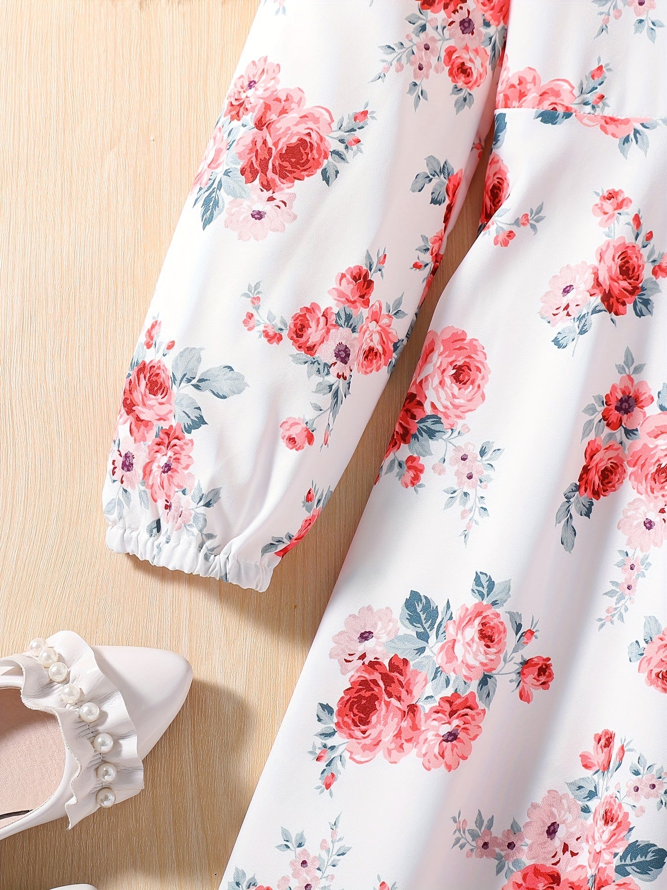 Girls' Floral Round Neck A-line Long Sleeve Dress