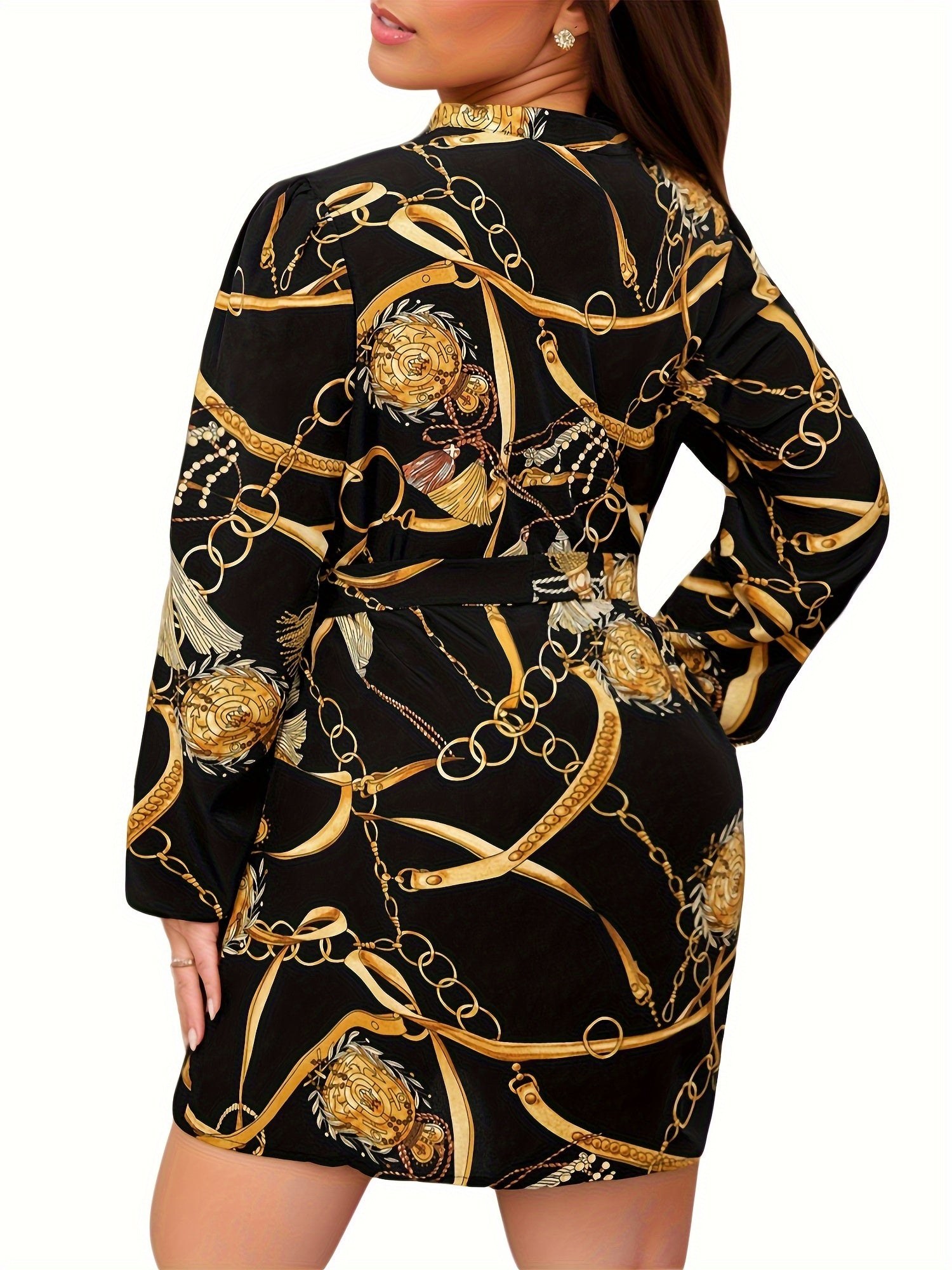  Chain Print V Neck Belted Dress