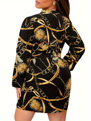  Chain Print V Neck Belted Dress