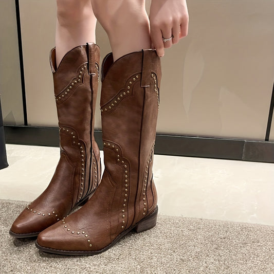 Women's Studded Western Boots Pointed Toe V cut Pull On Cowboy Boots