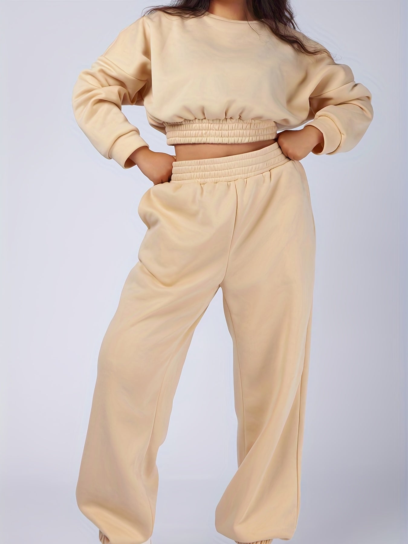  Solid Shirred Long Sleeve Crop Top & Jogger Sweatpants Set