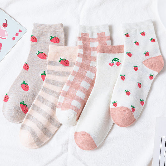 5 Pairs Strawberry Print Socks Women's Crew Stockings