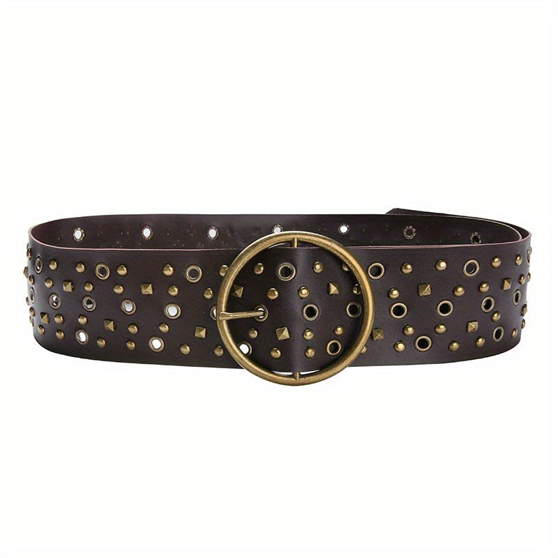 Vintage Brown Steampunk Hollow Out PU Leather Wide Belt with Large Round Buckle