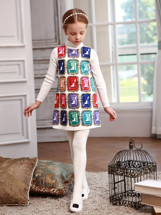 Girls' Germ Print Crew Neck Midi Vest Dress