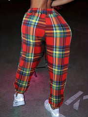  Plaid Print Elastic Drawstring Trousers