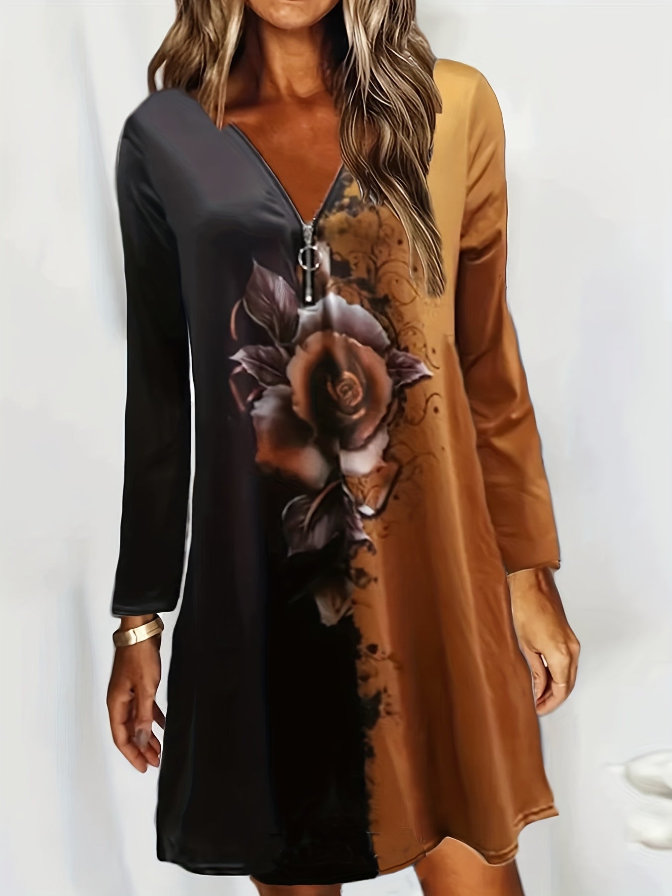  Colorblock Floral Print Zipper Long Sleeve V Neck Dress