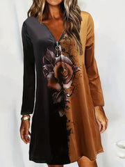  Colorblock Floral Print Zipper Long Sleeve V Neck Dress