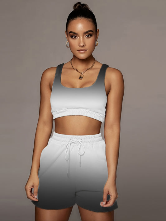 Gradient Two Piece Sport Sets Sleeveless Crop Tops & Drawstring Shorts