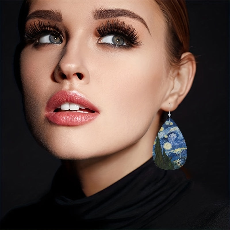 Van Gogh Teardrop Dangle Earrings PU Leather Ethnic Style