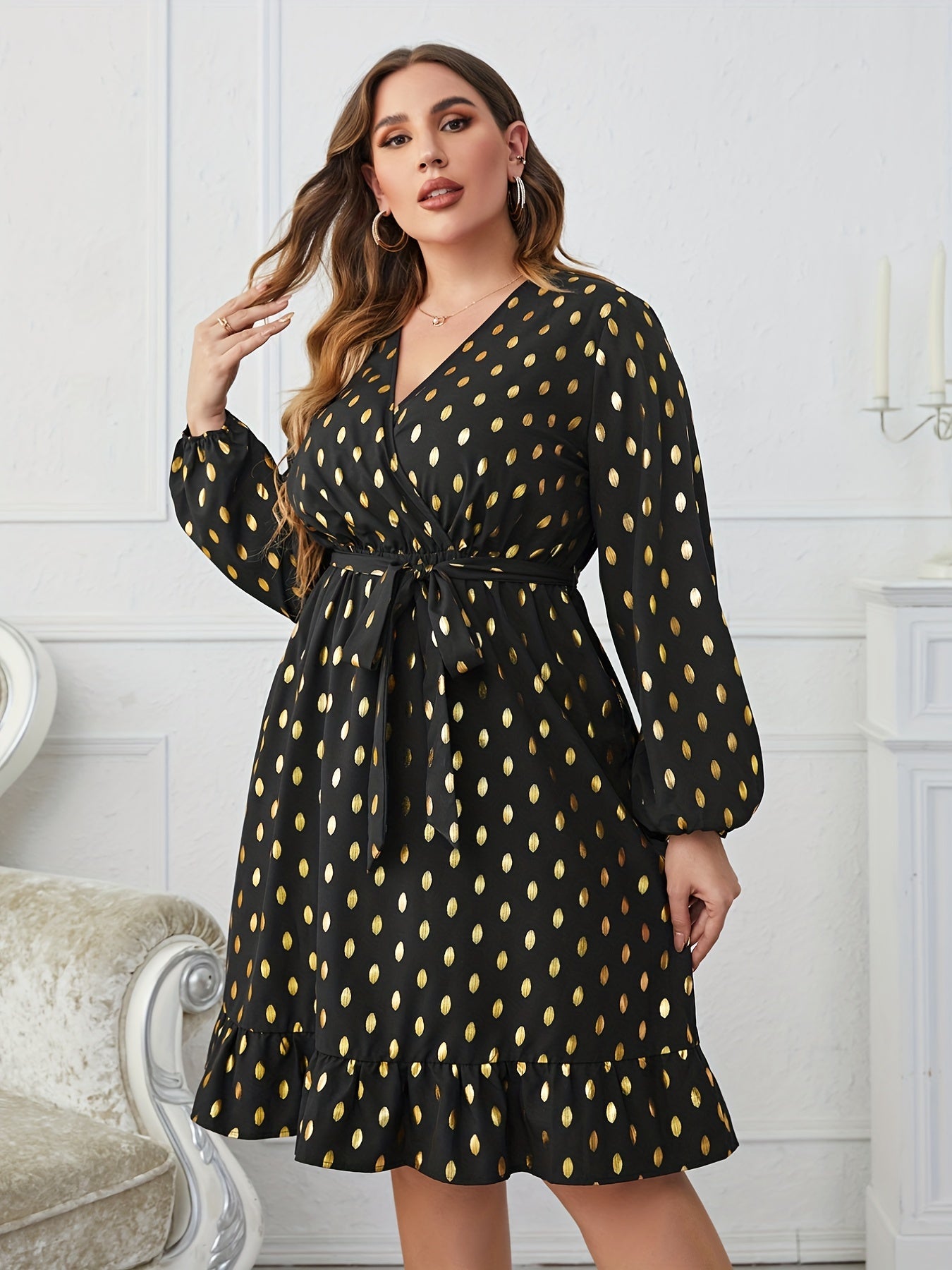 Women's Plus Dot Print Lantern Sleeve Dress