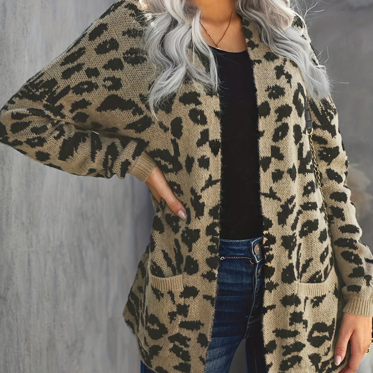 Leopard Print Open Front Cardigan with Pockets