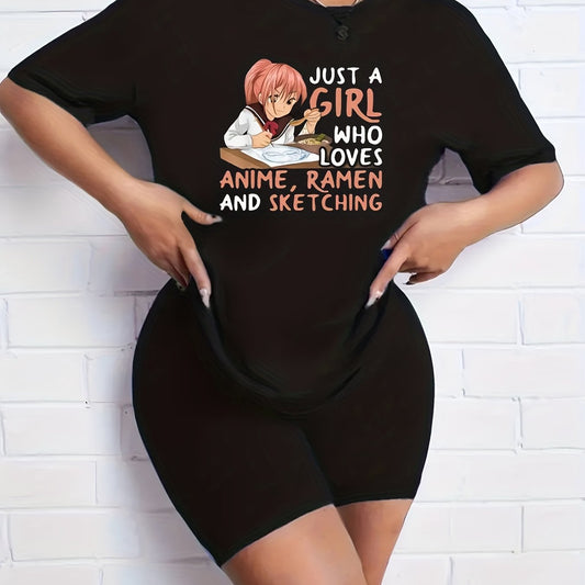 2pcs Anime Graphic Crew Neck Short Sleeve T shirts & Solid Shorts Set