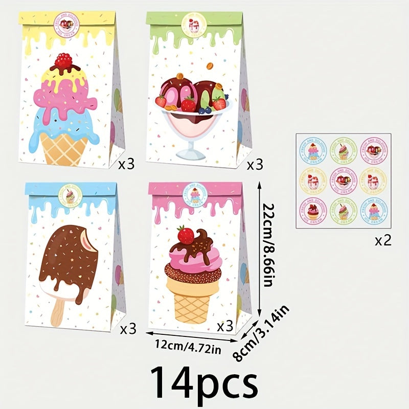 14pcs Ice Cream Party Favor Bags with Stickers - Candy Decorations