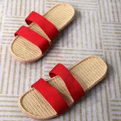 Women's Double Bands Flat Slides Slip On Open Toe Linen Sole Non slip Home Shoes