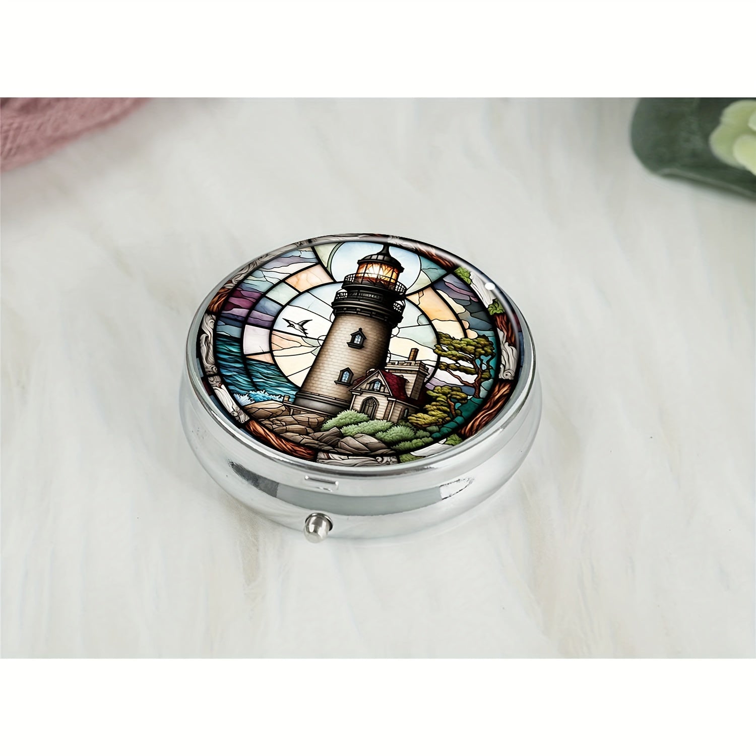 Lighthouse Round Pill Box 3 Compartment Mini Decorative Travel Pill Case