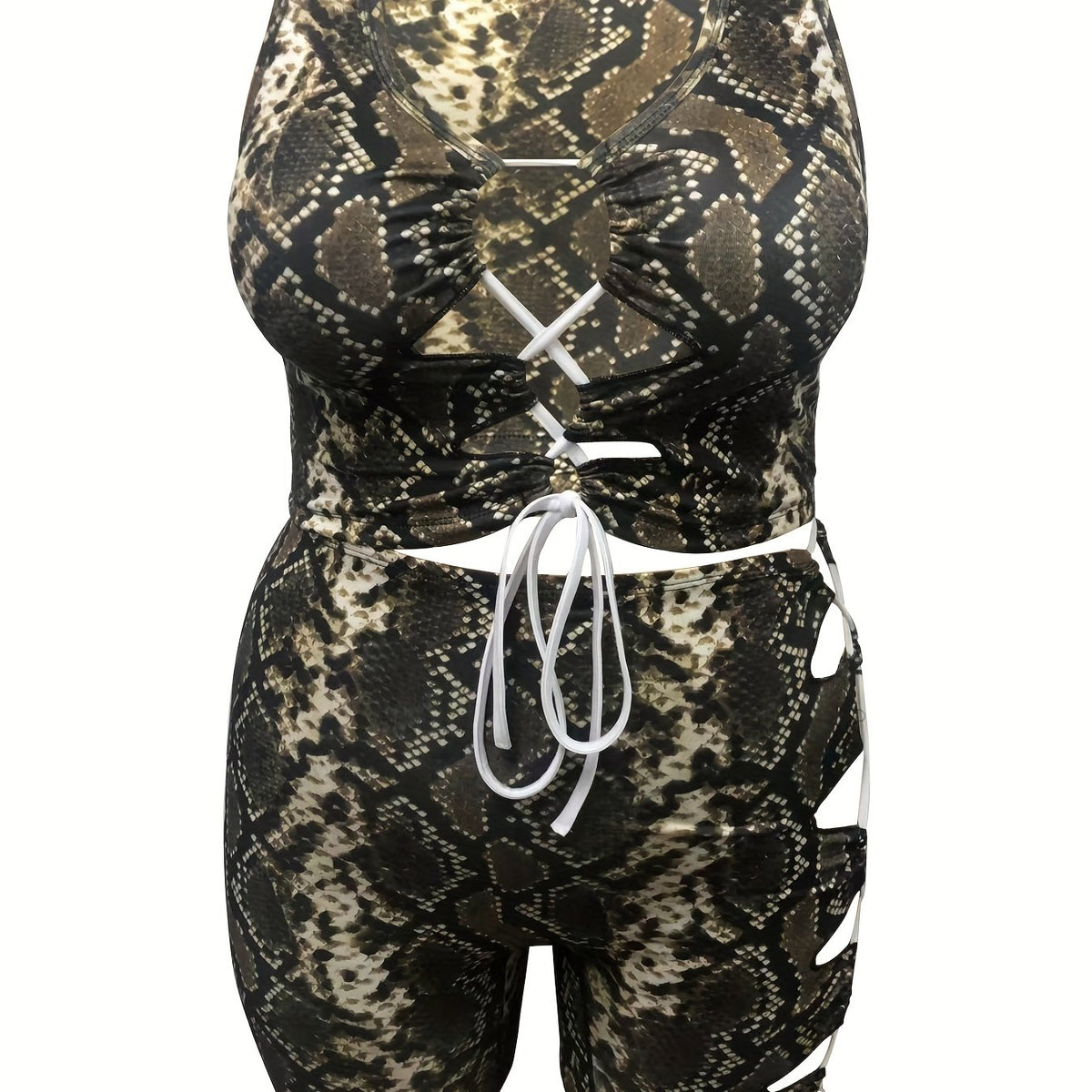  Snake Skin Print Cut Out Drawstring Lace Up Tank Top & Shorts Set