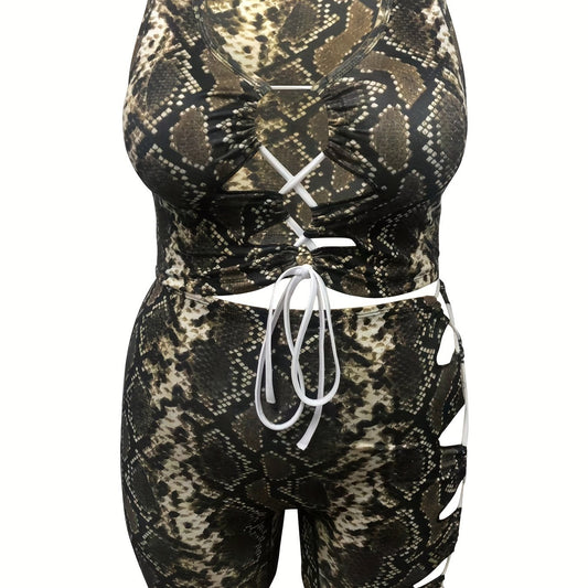  Snake Skin Print Cut Out Drawstring Lace Up Tank Top & Shorts Set